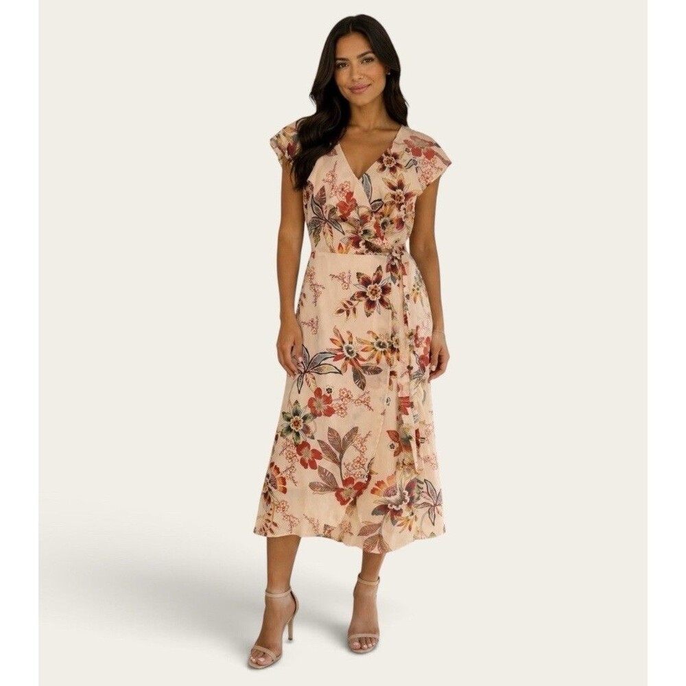Sanctuary Peach Floral Wrap Midi Ruffle V-Neck Lightweight Dress Women’s Size 2